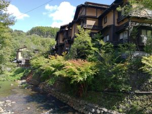 beautiful hotspring village Kurokawa onsen river view sunny day