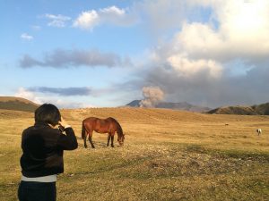 person taking photo of horse and volcano on Kusasenri, Mount Aso volcano in autumn