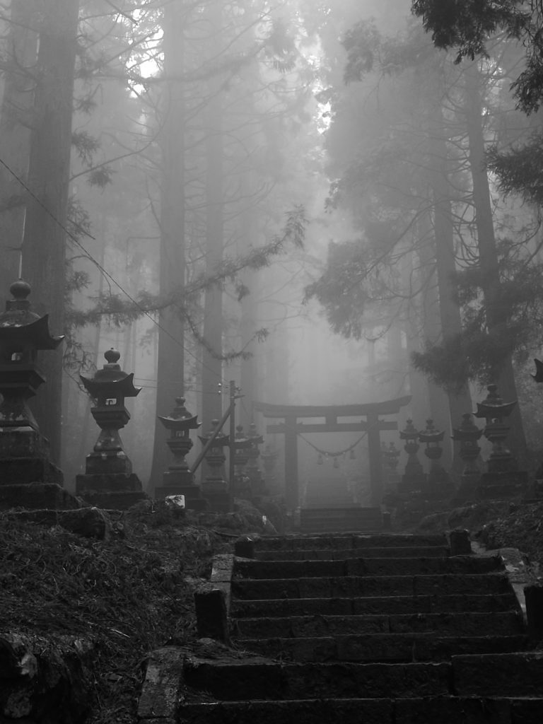 foggy japanese shrine kamishikimikumano imasu shrine Aso Kyushu Japan