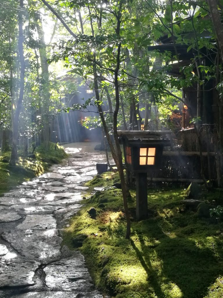 sunlight through leaves stone path and japanese lantern Noshiyu onsen Kurokawa onsen Aso Kyushu Japan