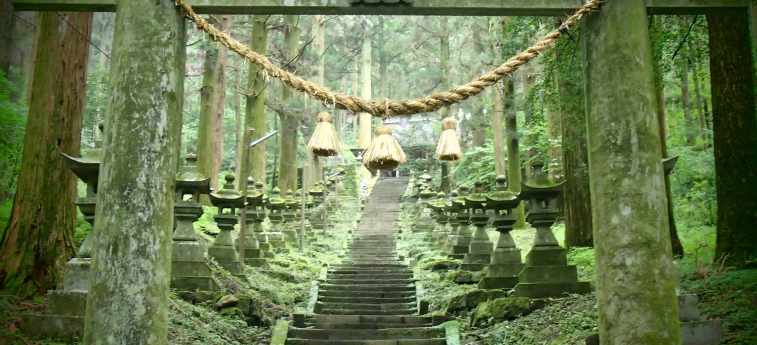 Green torii gate at Kamishikimi Kumano shrine